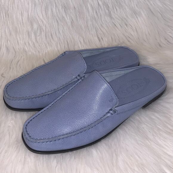 TODS Pebbled Leather Backless Slip On Drivers Mules Loafers, Blue - Picture 5 of 10